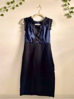 Lord & Taylor “Taylor”  Two-Tone Navy & Black Satin Bodice Midi Dress